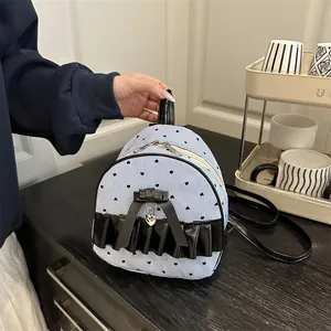 Mini Sac à Dos Femme Rayé Bleu et Blanc Motif Cœur Toile PU Nœud Volants Détails Sac à Bandoulière Mode Doux pour Filles