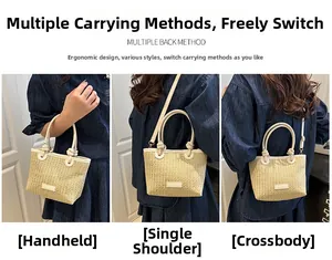 Three ways to wear this beige straw woven bag: handheld, shoulder, and crossbody