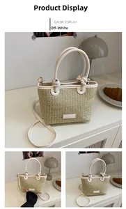 Detailed macro view of woven straw texture and beige leather trim on stylish bucket bag