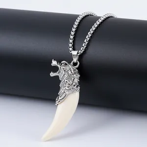 Mens vintage silver wolf head necklace with ivory resin tooth pendant and steel box chain