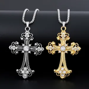 Vintage Baroque Alloy Cross Pendant Necklace With Rhinestone Stainless Steel Dragon Bone Chain Unisex Jewelry Accessory