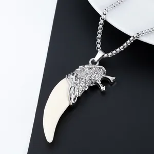 Wolf head pendant necklace with white tusk in silver box chain for men and women