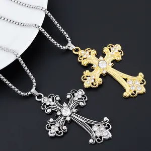 Vintage gothic cross pendant necklace with sparkling rhinestones in gold and silver
