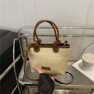 Women Casual Straw Woven PU Leather Tote Bag Vacation Beach Style Handbag With Knot Handle Adjustable Shoulder Strap Basket Bag