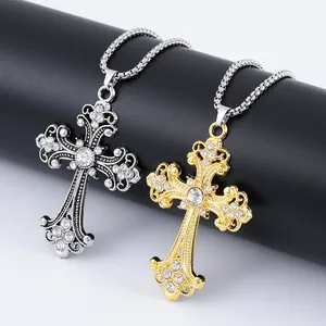 Baroque cross pendant necklace with rhinestones in gold and silver on box chains