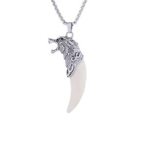 Silver wolf head pendant necklace with white resin wolf tooth charm for men