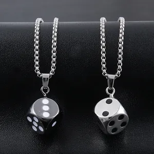 Hip-hop style dice pendant necklaces in black and silver finishes on metal box chains