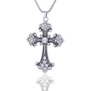 Vintage silver alloy cross pendant necklace with sparkling crystals and metal box chain