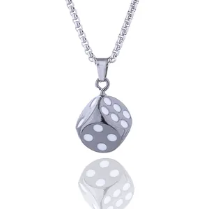 Hip-hop style dice pendant necklace with a silver box chain on white background