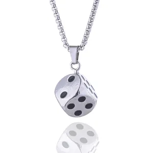 Hip hop style silver dice pendant necklace with box chain on white reflective background
