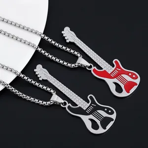 Hip hop electric guitar pendant necklaces in red and black enamel with stainless steel chain