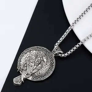 Viking raven pendant necklace in antique silver finish with Celtic knot relief and box chain