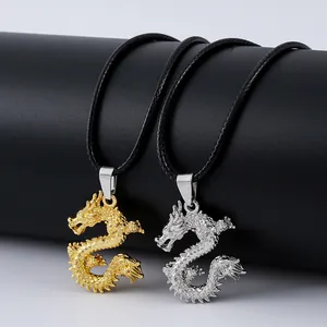 Vintage Drachen Anhänger Halskette in Gold und Silber mit schwarzer Kordel