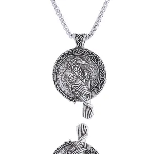 Viking Raven Pendant Necklace For Men Vintage Celtic Knot Crow Round Medal Stainless Steel Chain Alloy Charm Hip Hop Jewelry