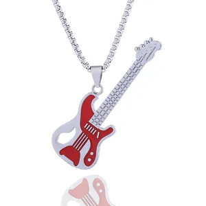 Hip hop guitar pendant necklace in red enamel and silver steel on round box chain