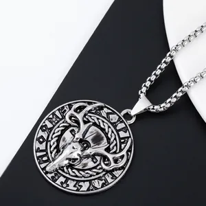 Vintage stainless steel elk skull pendant necklace with Runic symbols on a box chain