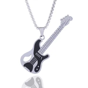 Hip-hop guitar pendant necklace in stainless steel with black enamel finish on white background