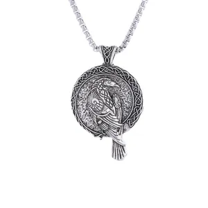 Vintage Viking raven pendant necklace with Celtic knot patterns on a silver chain
