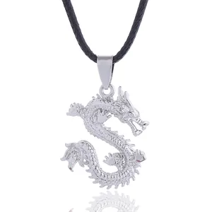 Retro chinesischer Drachen-Anhänger Halskette in Silber mit schwarzer geflochtener Kordel