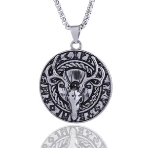Viking Retro Silver Deer Skull Pendant Necklace For Men Women Alloy Stainless Steel Box Chain Runic Symbol Gothic Punk Jewelry Gift