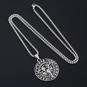 Retro stainless steel elk skull necklace with Nordic runes on a black background