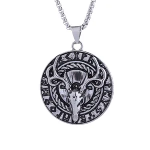 Vintage stag deer skull necklace with Nordic runes on a round silver metal pendant