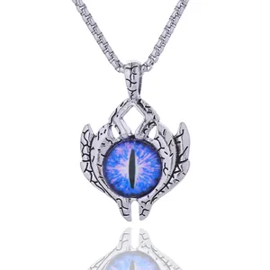 Luminous evil eye pendant necklace in stainless steel with a mystical purple dragon pupil