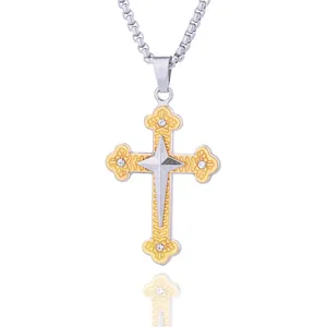Collana a croce bicolore in acciaio al titanio con stella a quattro punte e incisione