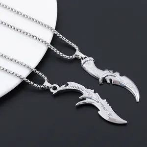 Retro silver curved dagger pendant necklace with detailed handle and engraved blade for men
