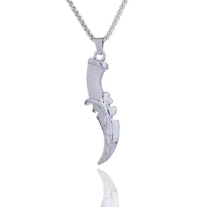 Vintage dagger pendant necklace in silver finish with intricate floral patterns and link chain