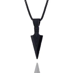 Matte black arrowhead pendant necklace with geometric patterns on a box chain for men