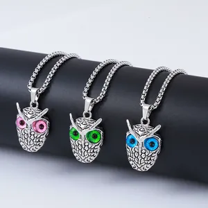 Retro punk owl pendant necklaces with blue, green and pink devil eye stone settings