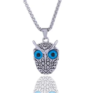 Retro punk owl pendant necklace with blue devil eyes and silver box chain