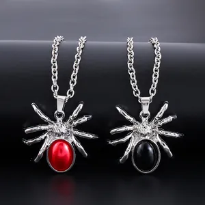 Gothic spider pendant necklace with red and black crystals on silver chains