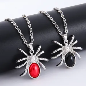 Gothic Spider Pendant Necklace For Men Women Silver Plated Alloy Red Black Rhinestone Long Chain Halloween Party Jewelry Gift