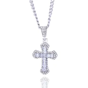 Iced out cross pendant necklace with sparkling crystals and silver Cuban chain