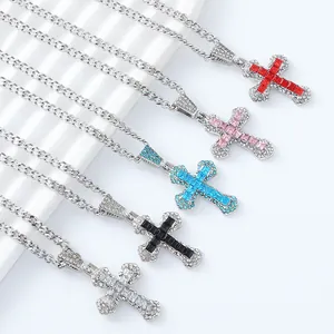 Hip hop cross pendant necklaces with colorful rhinestones on silver Cuban chains