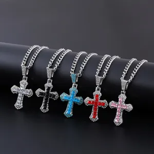 Iced out colorful rhinestone cross pendant necklaces with silver curb chains in five colors