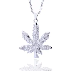 Silver maple leaf pendant necklace with intricate vein details on a square box chain