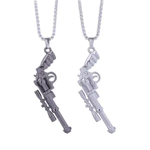 Retro Hip Hop Revolver Pendant Necklace With Dragon Bone Chain Alloy Model Pistol Jewelry For Men Women Punk Style Neckwear