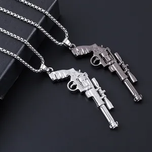 Hip-hop revolver pistol pendant necklace in silver and gun-black metallic finishes