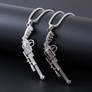 Hip hop style revolver pendant necklace with detailed engravings in silver and gunmetal grey