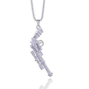 Vintage hip hop style silver revolver pistol pendant necklace with square pearl chain link