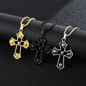 Vintage Gotik Totenkopf Kreuzanhänger Kette in Gold, Schwarz und Silber Finish