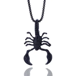 Gothic punk black scorpion pendant necklace with vintage textures on white background
