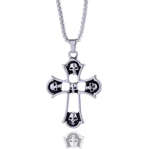 Retro Punk Totenkopf Kreuzanhänger Halskette aus Silber-Edelstahl im Street-Hip-Hop-Stil