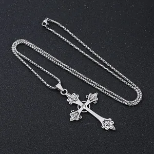 Vintage Gothic silver cross necklace with fleur-de-lis edges and round zircon stone
