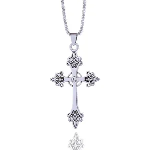 Minimalist vintage cross necklace with fleur-de-lis details and crystal inlay on silver chain