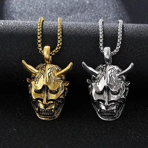 Japanese Hannya mask pendant necklaces in gold and silver with vintage punk style chain