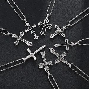 Vintage Gothic Stainless Steel Cross Pendant Necklace For Men Women Hip Hop Retro Alloy Floral Skull Zirconia Religious Jewelry